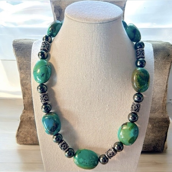 Artisan Turquoise + Black Glass Sterling Silver Statement Necklace - Picture 1 of 17
